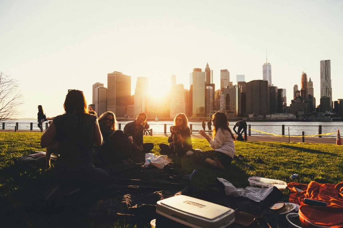 This is an image of a group of people sitting in a grassy park by a river overlooking a city skyline