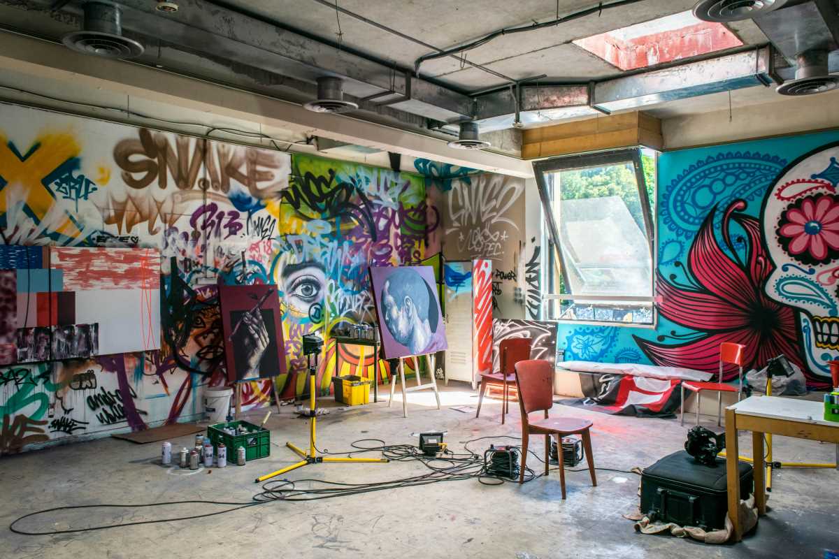 This is an colorful image of an artist's studio.