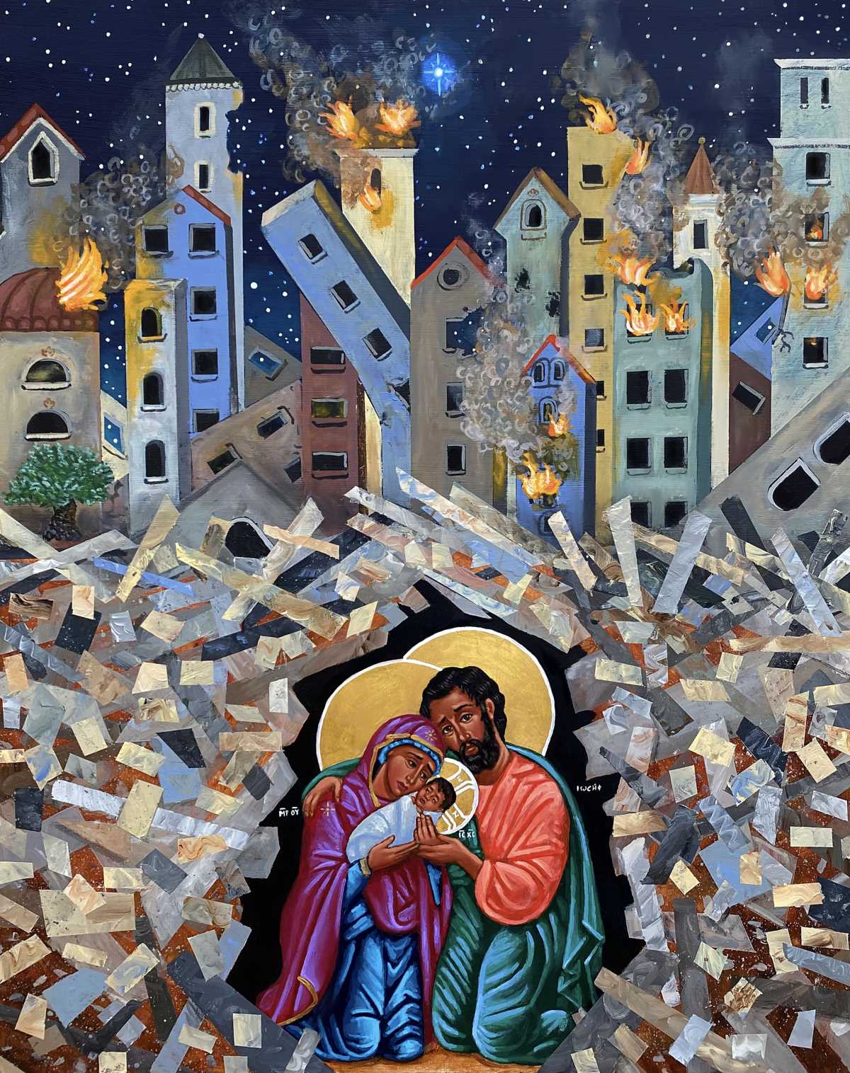 An image of Mary, Joseph, and Jesus in piles of rubble from fallen buildings